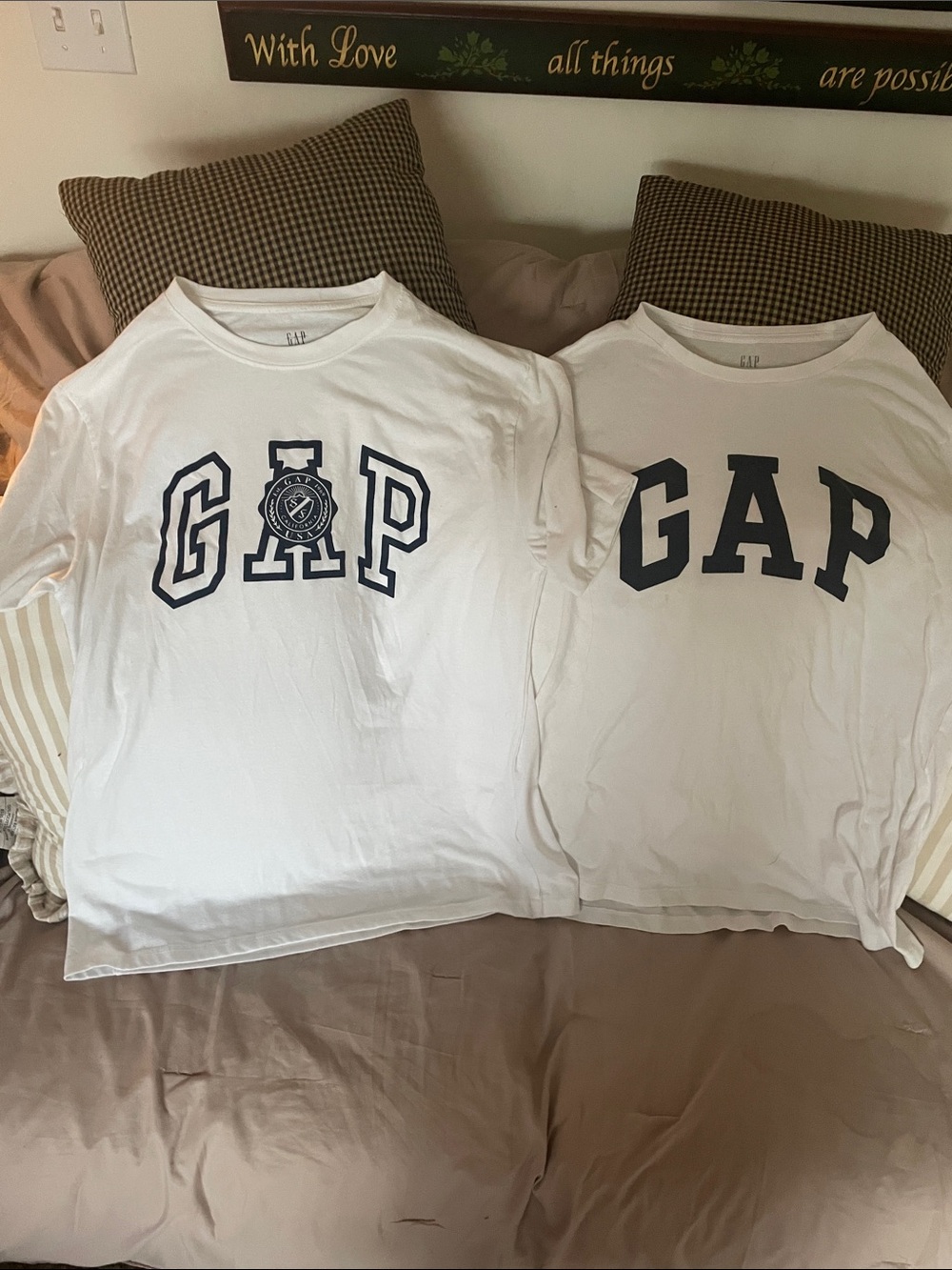 2 Men’s GAP White Short-Sleeve Tees with Navy Logo. XL and L